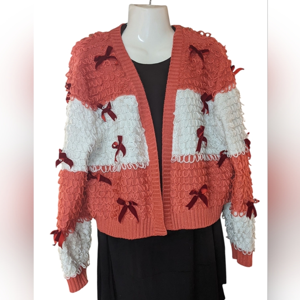 Mighty Fine Coral and White Cardigan with Bow Details
